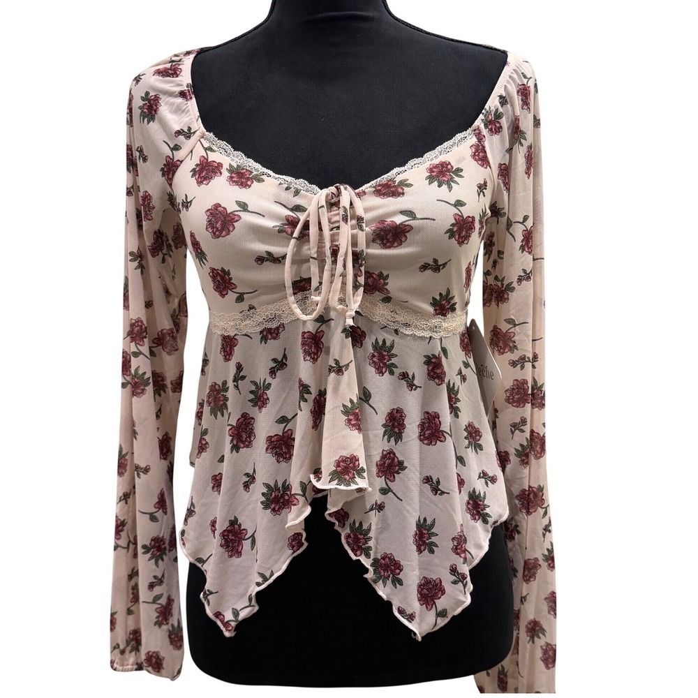 La Peche Y2K Style Floral Mesh Top Women SM Cream Burgundy Lace Tie Front Peplum